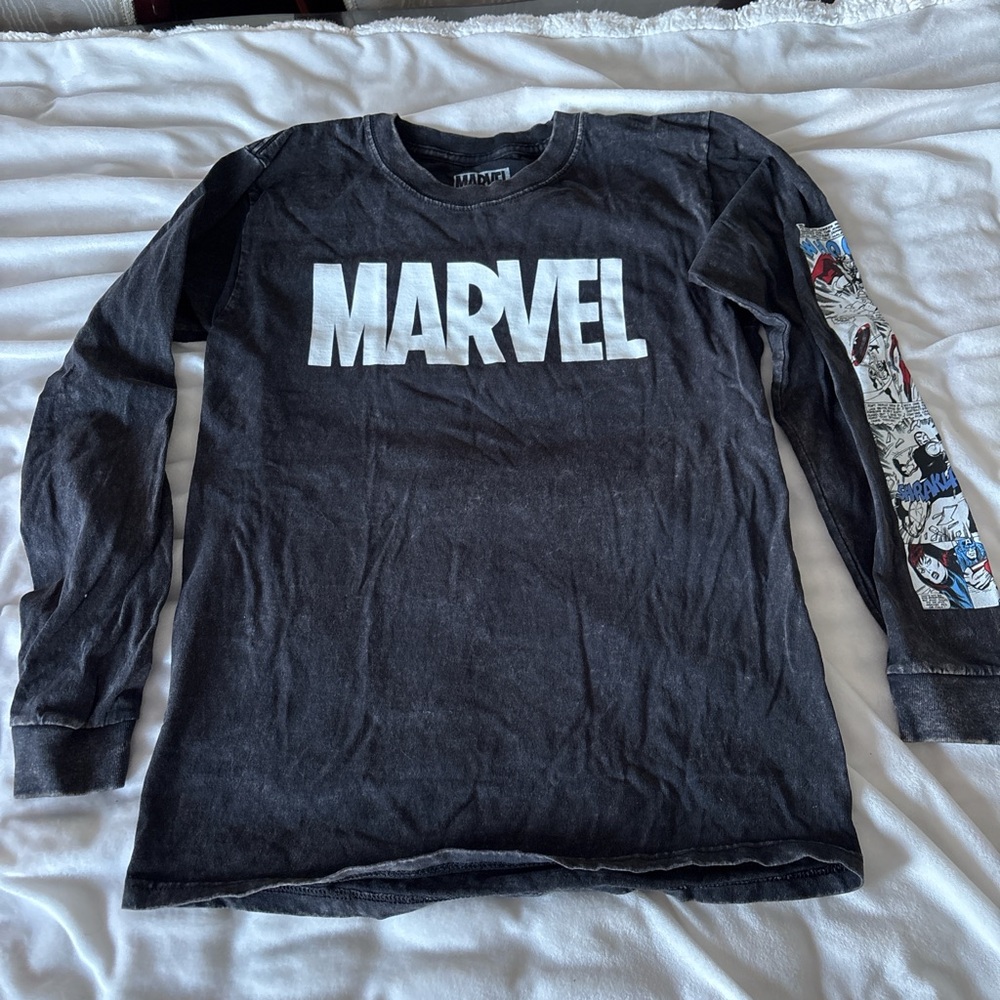 Marvel Charcoal Long Sleeve Shirt with Colorful Comic Sleeves